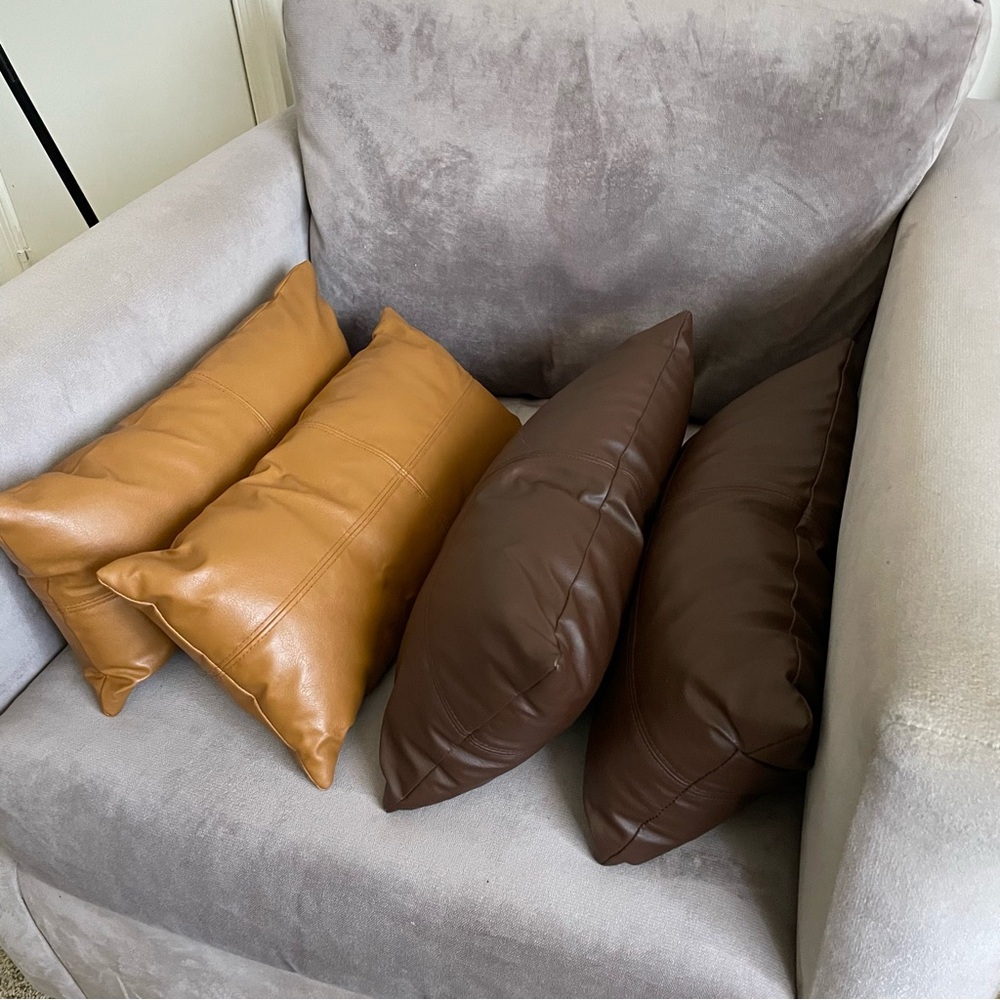 Set of Four Faux Leather Throw Pillows in Brown and Tan - Picture 2 of 9